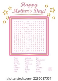 Happy Mother's Day Word Search Puzzle with Answer Key in Pink and Gold with Frame and Stars