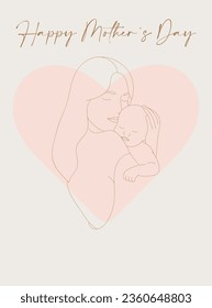 Happy mother's day. Young mom hugging her baby. Hand drawn illustration for Happy International Mother's Day card, loving family, parenthood childhood concept. Cute greeting card in pastel pink tones.