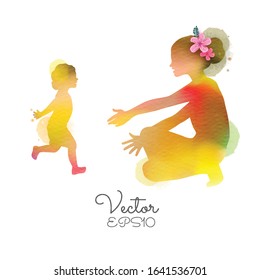Happy mother's day. Young mother and little cute girl daughter run to hug her mom silhouette plus abstract watercolor painted.Double exposure illustration. Digital art painting. Vector illustration. 