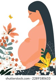 Happy Mother's Day. A young pregnant woman in a pink dress is happy that she is expecting a baby. Vertical modern postcard on a white background with flowers. Vector.