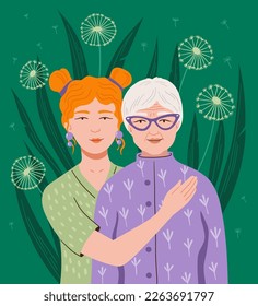 Happy Mother's day. A young woman lovingly embraces her old mother or grandmother. Vector concept illustration