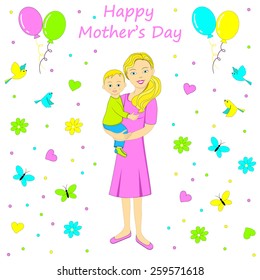 Happy mothers day. young woman with a child on a background of flowers, butterflies, birds and balls, illustration, vector