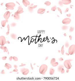 Happy Mother's Day.Handwritten lettering on a white background and pink petals