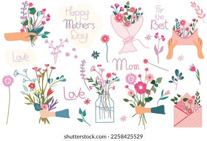 Happy mother's day.Illustration with a bouquet of flowers in hands, inscriptions for Mother's Day, bright flowers in a jar, an envelope, etc.Floral postcards for celebrating Mother's Day, spring, etc