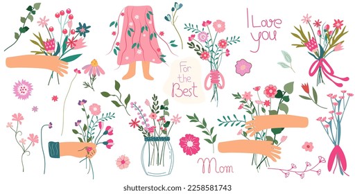 Happy mother's day.Illustration with a bouquet of flowers in hands, inscriptions for Mother's Day, bright flowers in a jar, an envelope, etc.Floral postcards for celebrating Mother's Day, spring, etc