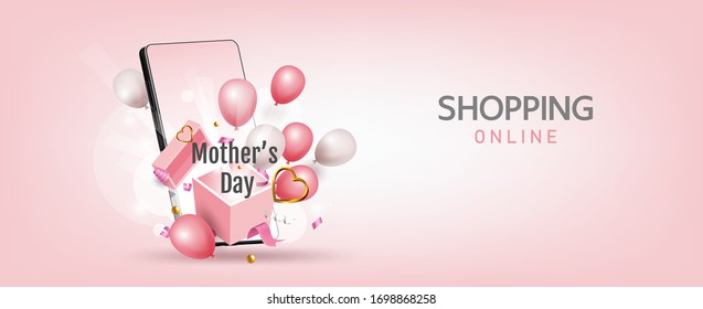 Happy Mother's Day,Sale promotion banner, poster or flyer vector illustration 3D style,Valentines day super sale promotion shopping online.