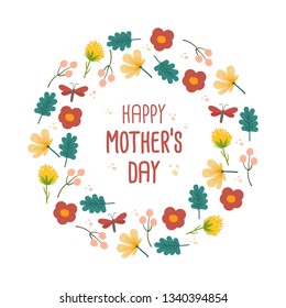 Happy Mother's Day.Vector  Floral round flat hand drawn frame. Circle border with flowers. Greeting card
