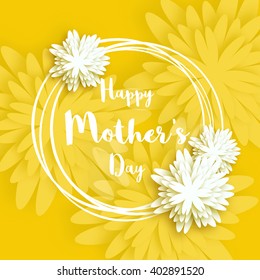 Happy Mother's Day.Yellow Pink Floral Greeting card. International Women's Day. Holiday background with paper cut Frame Flowers and title. Origami Trendy Design Template. Vector illustration.