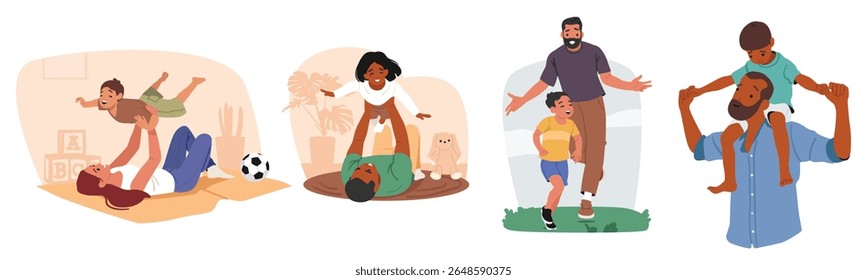 Feliz dia das mães e pais cena de desenho animado com pais e crianças passando tempo juntos. Mamãe e papai brincando com crianças compartilhando amor, diversão, ilustração vetorial de adoração. Conceito de paternidade