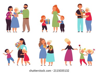 Happy mothers. Flat mother and children with presents and flowers bouquets. Love in family, motherhood. Son and daughters with gift, decent vector set