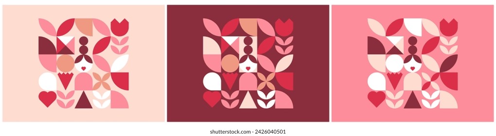 Feliz Día de las Madres. Conjunto de postal de saludo abstracto. Formas geométricas de moda con clavel, flor y corazón en estilo retro. Ilustración vectorial de Bauhaus