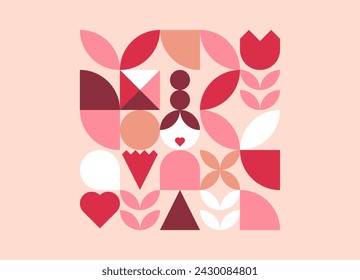 Happy Mothers, Moms Day. Abstract greeting postcard. Trendy geometric shapes with carnation, flower and more in retro style. Bauhaus vector illustration