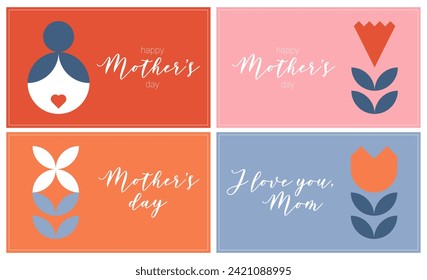 Happy Mothers, Moms Day.  Geometric greeting banners set. Trendy geometric shapes with carnation, flower and heart in retro style. Minimalistic vector illustration