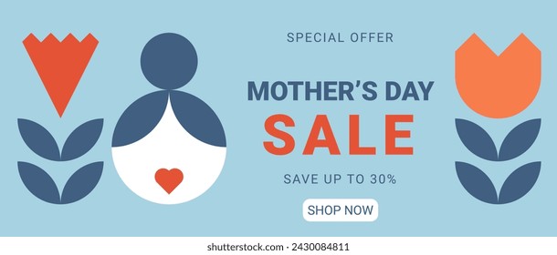 Happy Mothers, Moms Day. Trendy geometric shapes flower carnation, silhouette woman or girl. Holiday card for event promo or congratulation. Minimalistic vector illustration