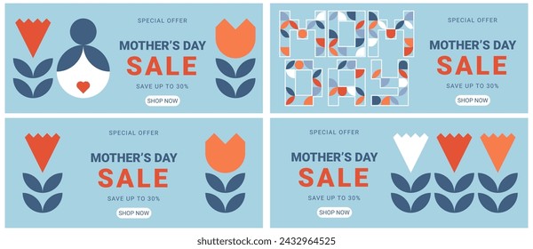 Happy Mothers, Moms Day. Trendy geometric shapes flower carnation, silhouette woman and more. Lettering in bauhaus style. Promo sale banners set. Minimalistic vector illustration