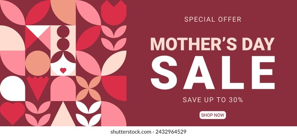 Happy Mothers, Moms Day. Trendy geometric shapes carnation, flower and more in retro style. Holiday card for event promo or congratulation. Bauhaus vector illustration