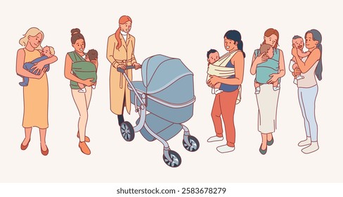 Happy mothers with newborn babies. Moms hold little kids, motherhood and family, strollers, slings, cute parents with children, parenting cartoon flat isolated vector parenthood set