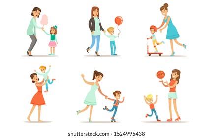 Happy Mothers Playing, Having Fun and Enjoying Good Time with Their Cute Kids Set Vector Illustration