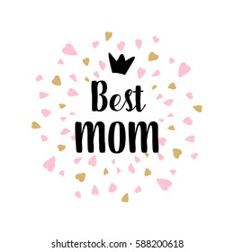 Happy Mothers's Day greeting card, poster with ink hand drawn stains, hearts. Vector background with hand lettering.