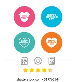 Happy Mothers's Day icons. Mom love heart symbols. Flower rose sign. Calendar, cogwheel and report linear icons. Star vote ranking. Vector
