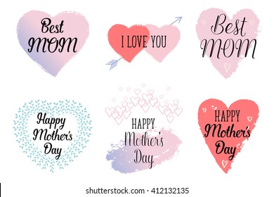 Happy Mothers's Day, I love you, Best MOM greeting cards, posters set with Rose quartz and serenity gradient texture, ink hand drawn stains, hearts. Vector background with hand lettering.  