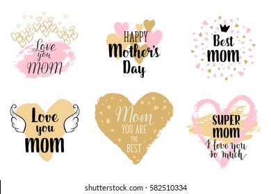 Happy Mothers's Day, I love you so much greeting cards, posters set with ink hand drawn stains, hearts. Vector background with hand lettering.