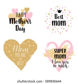 Happy Mothers's Day, I love you so much greeting cards, posters set with ink hand drawn stains, hearts. Vector background with hand lettering.