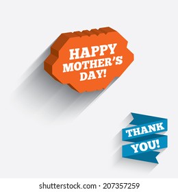 Happy Mothers's Day sign icon. Mom symbol. White icon on orange 3D piece of wall. Carved in stone with long flat shadow. Vector