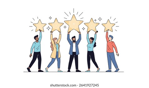 Happy and Motivated Diverse Team Holding Five Stars Above Their Heads