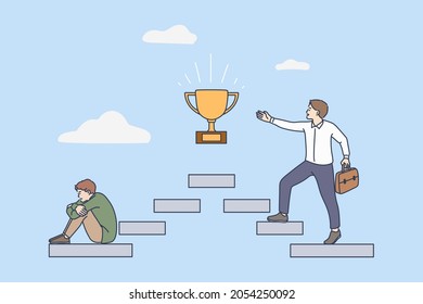 Happy motivated man on career steps walk to success or goal achievement, male in depression from business failure or loss. Never lose hope. Motivation, step by step. Flat vector illustration. 
