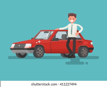 Happy motorist near his car. Vector illustration