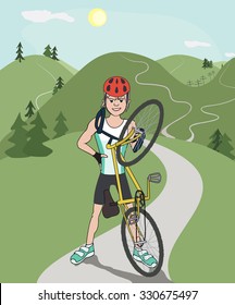 happy mountain biker after riding mountain trail, colorful cartoon illustration
