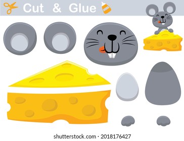 Happy mouse with big cheese. Education paper game for children. Cutout and gluing. Vector cartoon illustration