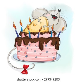 Happy mouse with a cake made of cheese