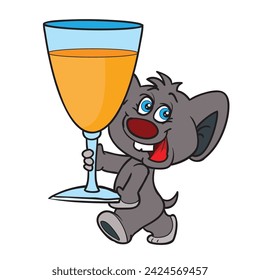 A happy mouse carries a large glass of wine in its paws, isolated object on a white background, cartoon, vector, eps