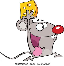 Happy Mouse Cartoon Mascot Character Running With Cheese. Vector Illustration Isolated on white