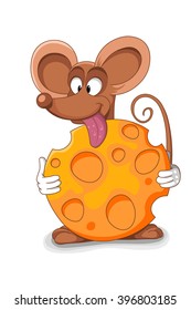 Happy mouse cartoon - vector illustration. Bitten piece of cheese.