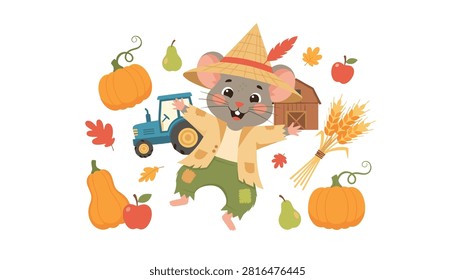 Happy mouse dressed as a scarecrow dances near a farm tractor with pumpkins, wheat, and fruits during the autumn season.