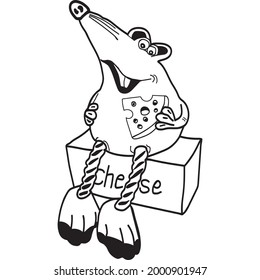 Happy mouse eats cheese and sits on a box of cheese