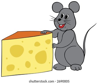 Happy mouse holding a wedge of cheese