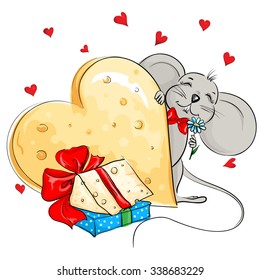 Happy mouse with a huge heart made of cheese. The background is white.