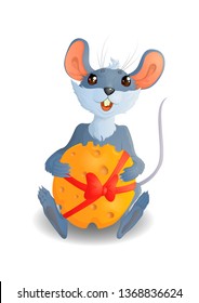 A happy mouse hugging his gift. A huge circle of cheese, tied with a red ribbon.