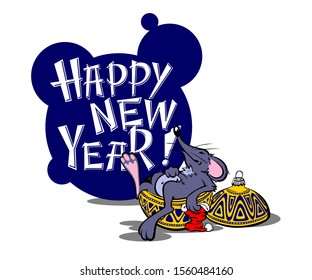 Happy mouse lies in a Christmas toy with a Santa Claus hat on the background of the greeting inscription Happy New Year! Vector, isolated image.