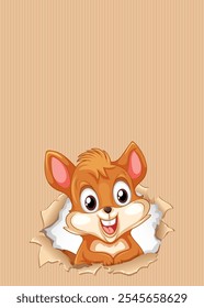 Happy mouse peeking through torn paper hole
