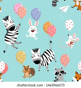 Feliz patrón sin fisuras: ratón, rata, cebra, ardilla, mapache, zorro, conejo y globos. Fondo animal medio.-Vector