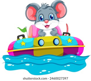 A happy mouse riding a vibrant toy boat