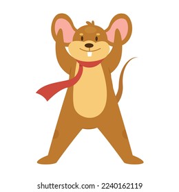 Happy mouse with scarf. Cute rodent animal, standing little rat vector illustration