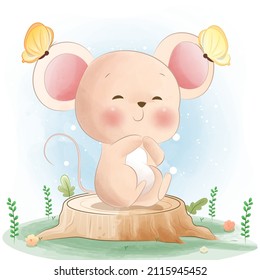 happy Mouse sitting on tree stump cartoon illustration