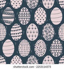 Happy moving and dancing Easter eggs seamless pattern is funny and sweet. The pink and navy blue Scandinavian-style vector design is perfect for this spring celebration. 
