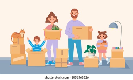 Happy moving family. Cartoon parents and kids move to new home, packing belongings. People carry boxes. Moving to apartment vector concept. Illustration family moving indoors, smiling and happy